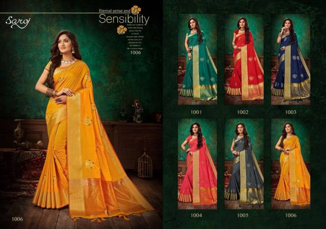 SAROJ ASHWAGANDHA Designer Fancy Casual Wear Soft Vichitra Silk with Banarsi Border and Multi Embroidery Work Saree Collection